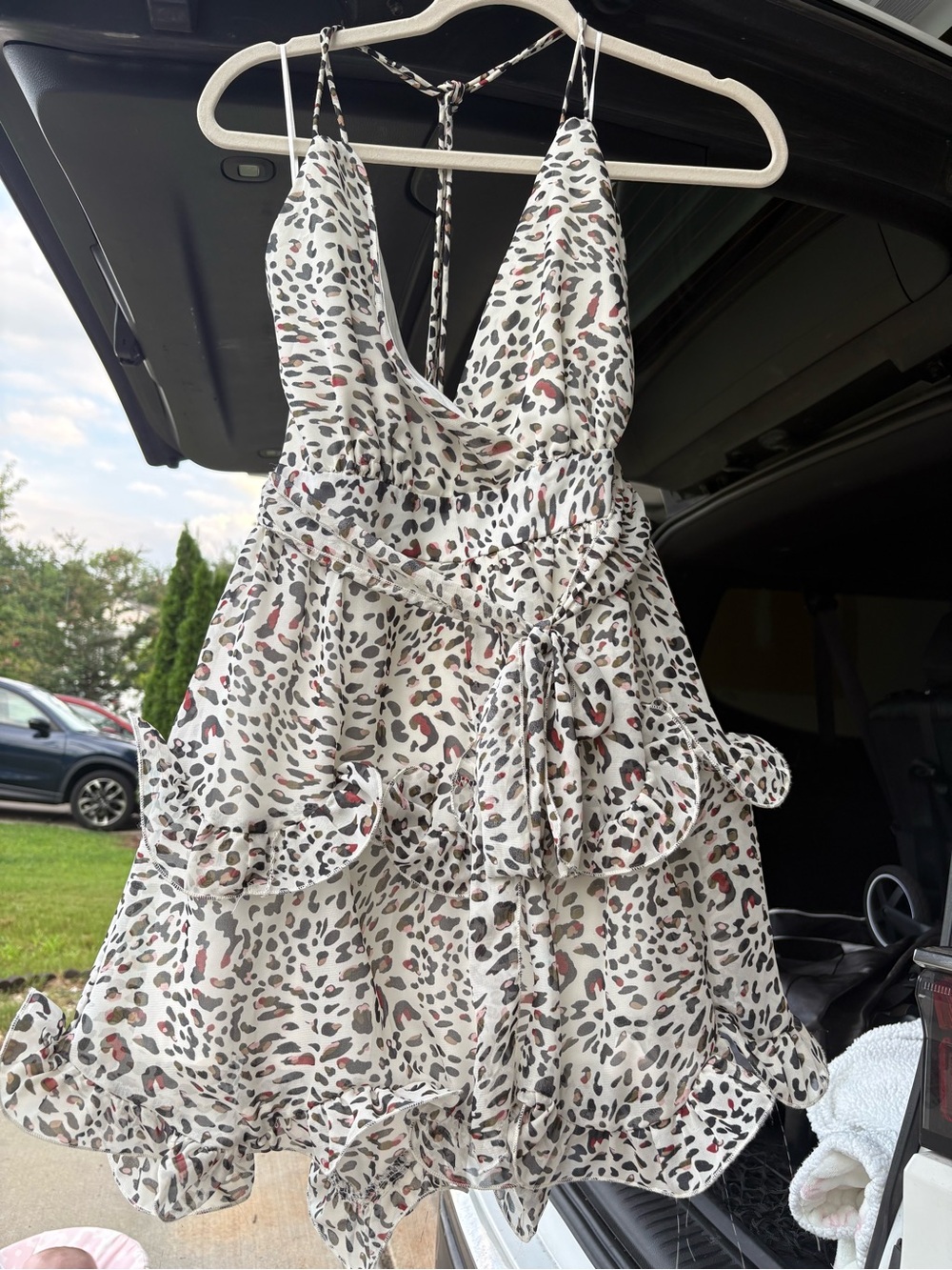White Leopard Print Ruffle Mini Dress